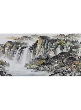 小手绘 朝晖长流春山六尺办公室装饰纯手工山水画国画富水客厅