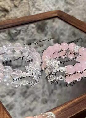 天然粉水晶手链莫粉时来运转手串雪花配饰感情夫妻情侣闺蜜手饰礼