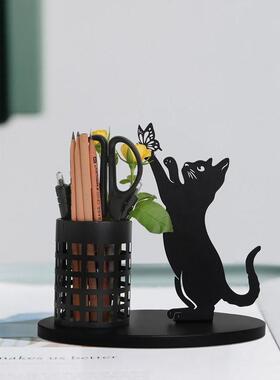 亚马逊新品黑猫笔筒铁艺创意极简办公桌面摆件书桌收纳笔筒工艺品