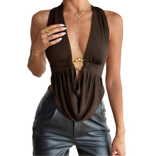 Brown Halter Deep V Neck Drape Top Womens Sexy Backless Ring - 图3