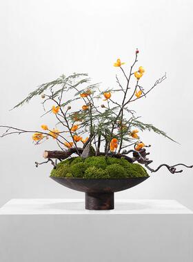 新中式永生苔藓干支仿古铜色盆花艺样板间售楼处餐厅餐桌茶几摆件