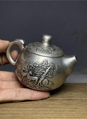 古玩老物件老银小鹿高提梁银茶壶精工打造银壶足银壶古董收藏摆件