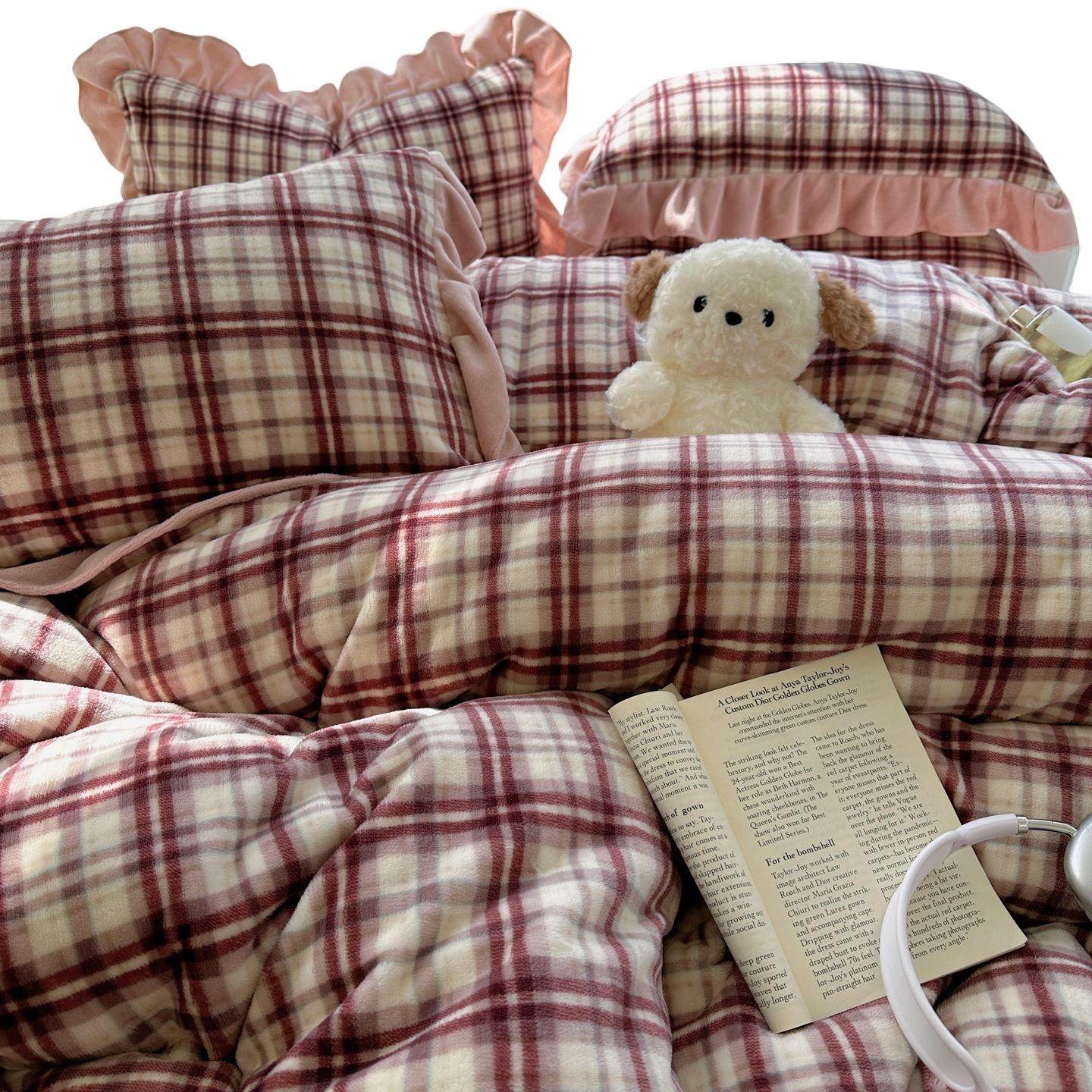 秋冬保暖中古风格子牛奶绒花边床盖床单四件套主卧床单被套床品,淘宝优惠券,粉丝福利购,淘宝优惠卷