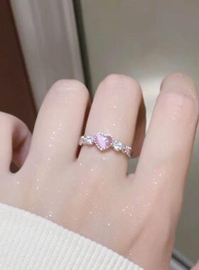 爱心彷猫眼石戒指女款甜美可ins小众设s感轻奢可爱调节计指环in风