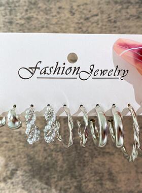 silver earrings set 银色耳环套组欧美镶嵌珍珠耳环圆圈简约耳圈