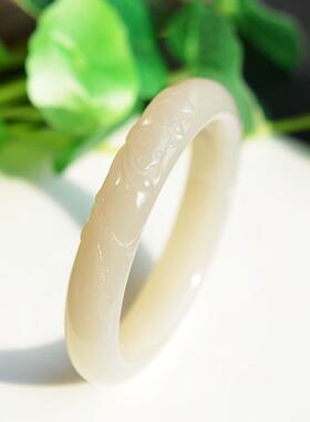 天然玉石温润柔美藕粉和田玉手镯雕刻荷花57MM清雅女款镯子手环