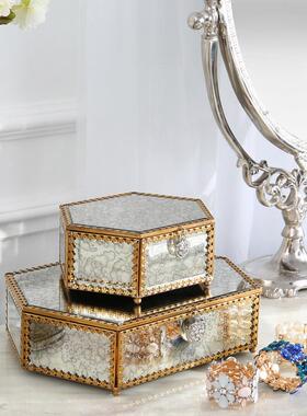 铜色六边仿古镜花边玻璃首饰盒首饰收纳盒陈列展示盒道具