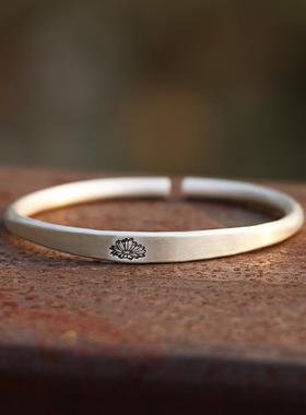 高档古9菊99纯银磨砂法中间扁 雏精实致心天然文艺复古手镯