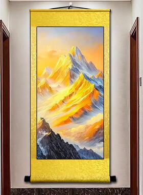 竖版背靠日照金山画靠山图卷轴山水挂画客厅沙发背景墙玄关装饰画