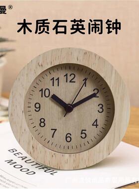 新款实木方形圆形小闹钟原木简约静音台钟学生卧室床头座钟