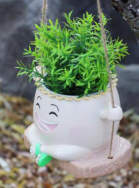 跨境爆款创意秋千花盆多肉可爱笑脸花盆树脂家居花园庭院悬挂