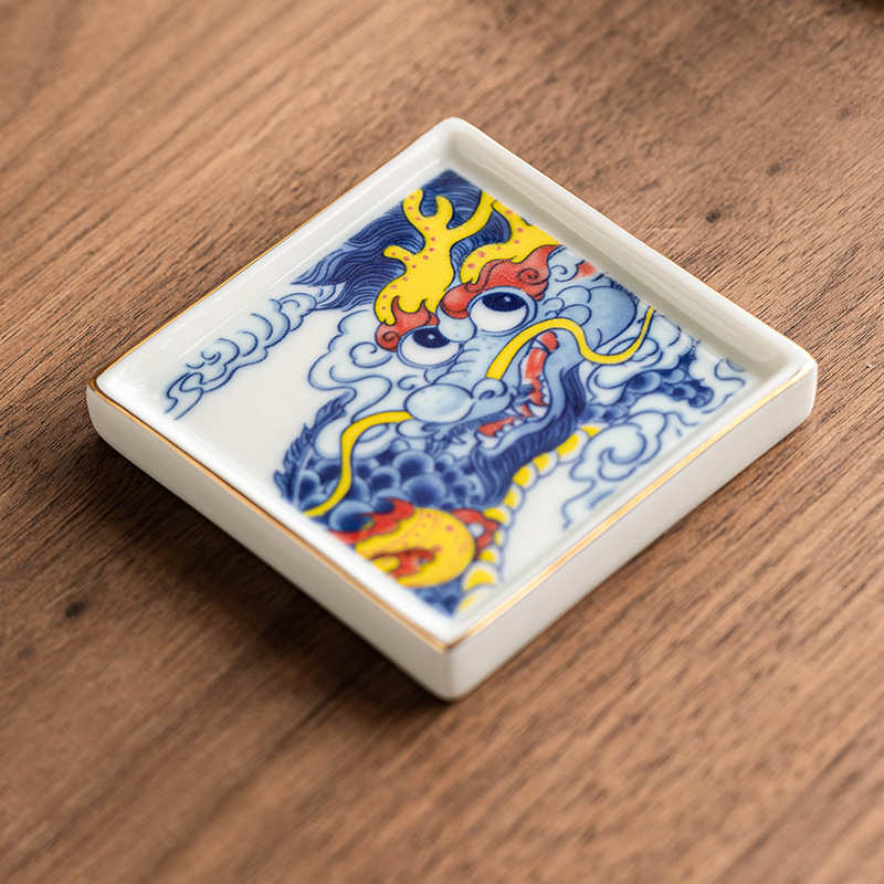 兴隆祥龙描金四方杯碟陶瓷盖置茶托家用功夫茶具盖子托杯垫隔热垫 - 图1