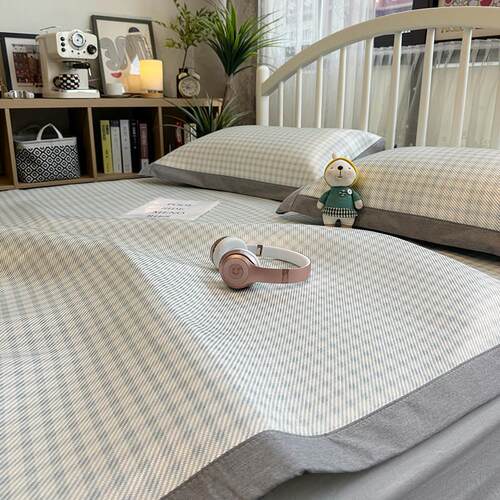 可水洗软席空调凉席日式格子凉席席子1.8米冰藤席夏天冰丝席三件 - 图0