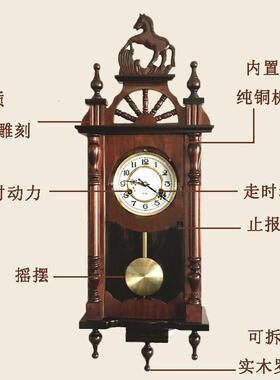 机械挂钟纯铜机芯木质覆古墙壁钟摇摆钟老式发条钟表覆古风水钟