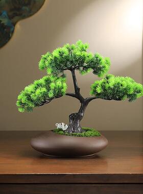 新中式办公室桌面摆件迎客松领导书柜茶室领导摆设装饰品