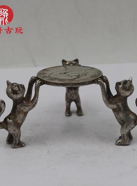 老银元白铜三只小猫油灯仿古铜器烛台摆件家居办公装饰工艺品包邮