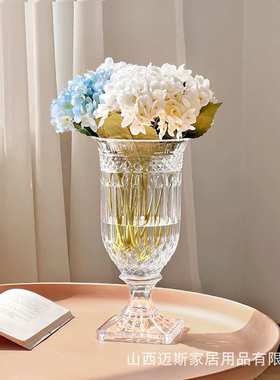 复古浮雕电镀透明玻璃花瓶高脚杯加厚大号水晶水养插花水晶装饰品