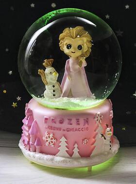 新款直销发光冰雪公主旋转雪花水晶球飘雪玻璃球八音盒女生生日礼