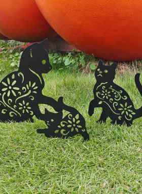 亚马逊新款金属花园摆件创意烤漆镂空猫景观装饰铁艺工艺品插件