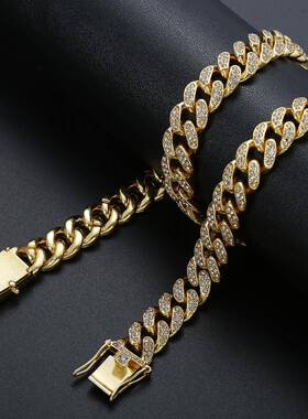 欧美潮人男女士大金链条满钻说唱Hip hop配饰街舞古巴链嘻哈项链