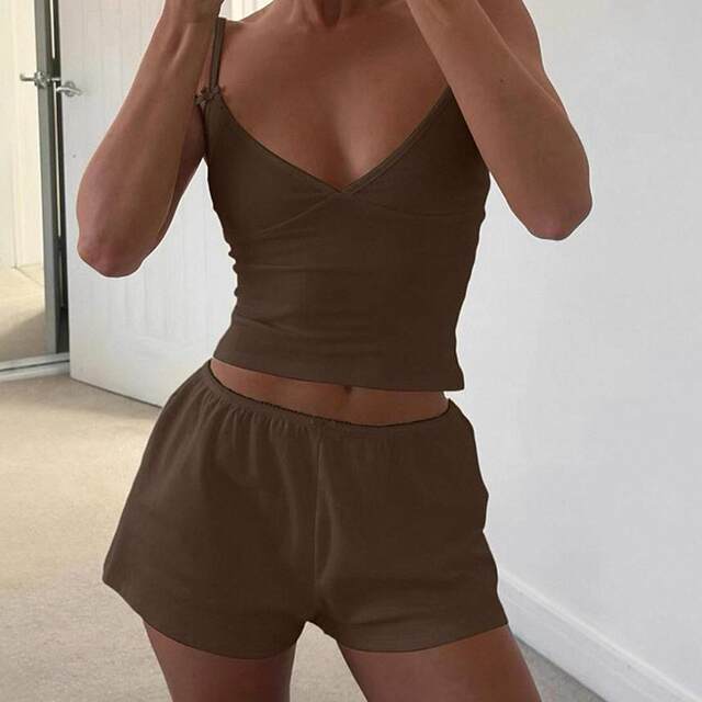 ສອງສິ້ນຊຸດແມ່ຍິງແຂງ Crop Cami Top & Bow Decor Shorts