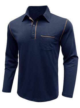 Men's long sleeved men's collar T-shirt color blocked top