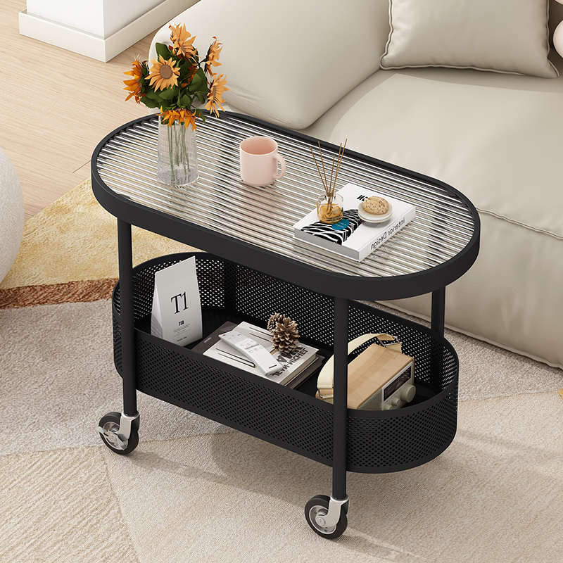 Cream style movable small coffee table sofa side table living room wheeled trolley side cabinet simple modern bedside table