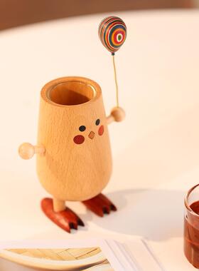要抱抱的小鸡/实木质桌面创意笔筒干 干燥花香薰花瓶器治愈工位摆