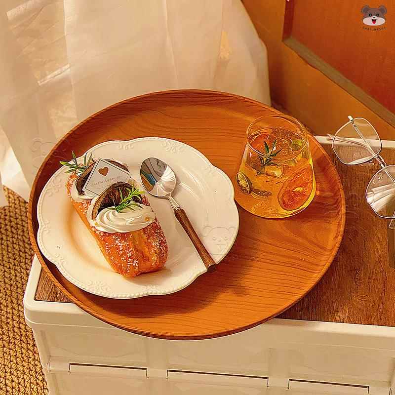 简约彷木纹圆形托盘餐盘家用甜品咖啡蛋糕寿司多功能收纳盘摆盘 - 图2