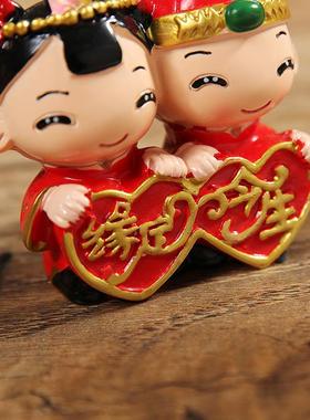 中式婚庆娃娃套装树脂小木桩工艺品情侣七夕礼品家居婚房布置摆件