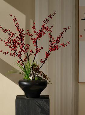 北美冬青年宵花发财果仿真高级感逼真宋代美学玄关茶桌装饰摆件假