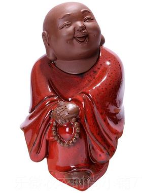 新款式 红色禅意陶瓷手工财艺品 招弥勒笑中佛佛像客厅博古架装饰