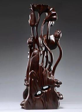 黑檀木年年有鱼根雕荷花雕刻摆件家居装饰工艺品开业乔迁送礼