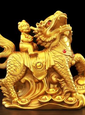 纯黄铜麒麟摆件全铜的卧室麒麟送子一对儿女家居装饰工艺礼品摆饰