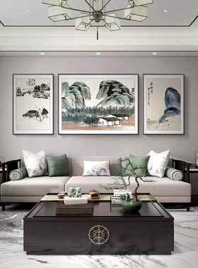 齐白石客厅装饰画新中式荷花水墨画沙发背景墙三联挂画中国风壁画