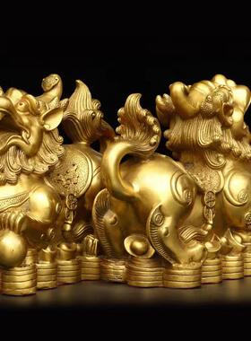 铜貔貅公摆件一对黄铜恘犰工皮家居客厅KVX办室开业装艺饰礼品铁