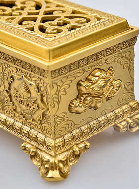 藏传纯铜用品鎏金磨光铜制彩绘八吉祥六字真言祥麟线卧熏香炉双色