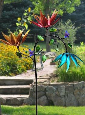 Sunflowerwindmill带有三个旋转花朵和蝴蝶的大型金属风车地插