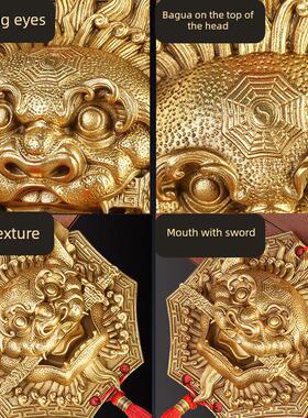 狮子咬剑挂件纯铜狮头八卦镜吞兽家门挂饰虎头牌挂件