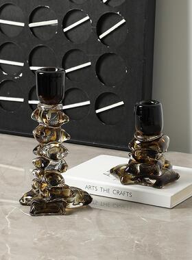 现代轻奢抽象艺术叠块烛台玻璃摆件别墅酒店装饰柜高级感软装饰品