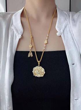 描金牡丹花蝴蝶葫芦手工编绳长款项链女吊坠配饰女士饰品毛衣链款