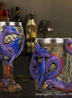 跨境热款创意立体浮雕龙高脚杯神秘猫咪不锈钢啤酒杯摆件家居装饰