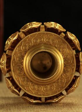 藏传法器用品 铜鎏金 手摇转经轮 莲花底座 单层 直径8.5cm