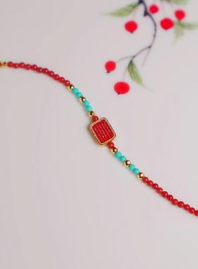 新中式国风仿南红小米珠珐琅五条纹手链女新年本命年显白红色手绳