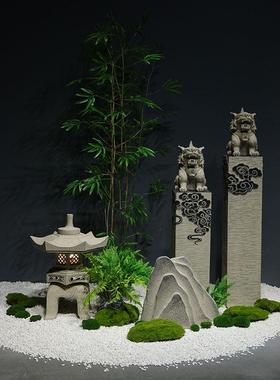新中式园林景观组合造景酒店茶室玄关橱窗假山绿植落地装饰大摆件