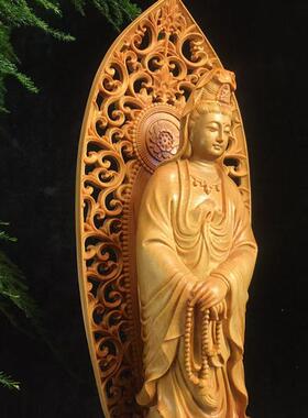2026厂家柏木雕刻立莲花观音款摆件摆饰规格27×7.5×7.5木质工艺