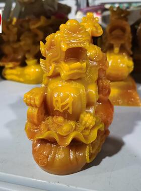 古玩收藏仿寿山石雕田黄色大钱串子貔貅摆件客厅装饰11*5*13CM