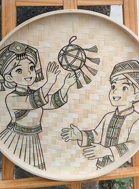 含丙烯颜料画笔广西三月三簸箕画成品半成品填色手工作业壮族主题