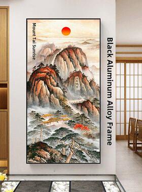 中式泰山日出客厅玄关挂画有山无水靠山风水图红太阳山水风景贴画