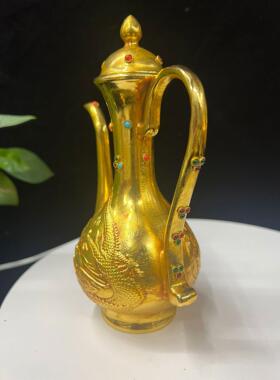 复古纯铜鎏金镶宝石仿金执酒壶 黄铜工艺品 文创市集仿古玩老物件